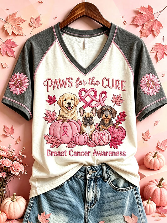 Women's Paws For The Cure Breast Cancer Awareness Dog Print V-neck Short-sleeved T-shirt