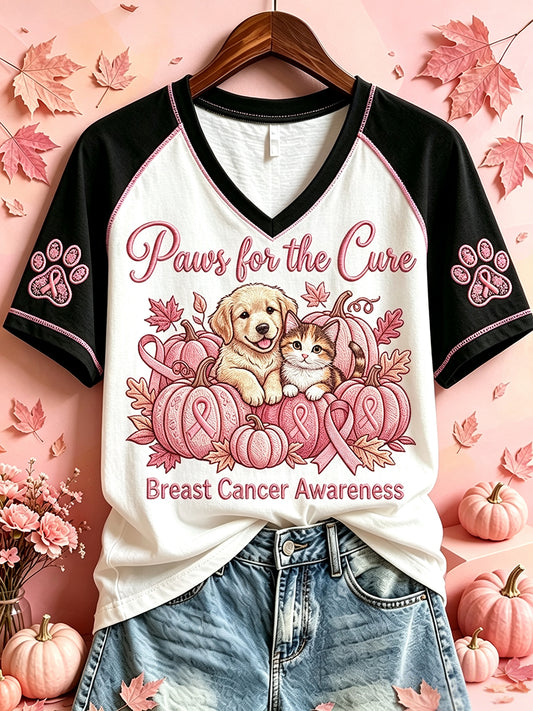 Women's Paws For The Cure Breast Cancer Awareness Dog Cat Print V-neck Short-sleeved T-shirt