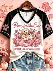 Women's Paws For The Cure Breast Cancer Awareness Dog Cat Print V-neck Short-sleeved T-shirt