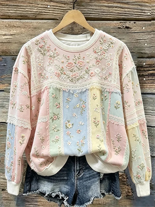 Women's Vintage Floral And Lace Patchwork Print Comfy Sweatshirt