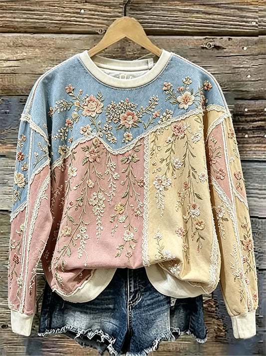 Women's Vintage Floral And Lace Patchwork Print Cozy Sweatshirt