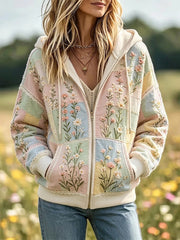 Women's Vintage Boho Floral & Lace Patchwork Print Zip-Up Cozy Hoodie