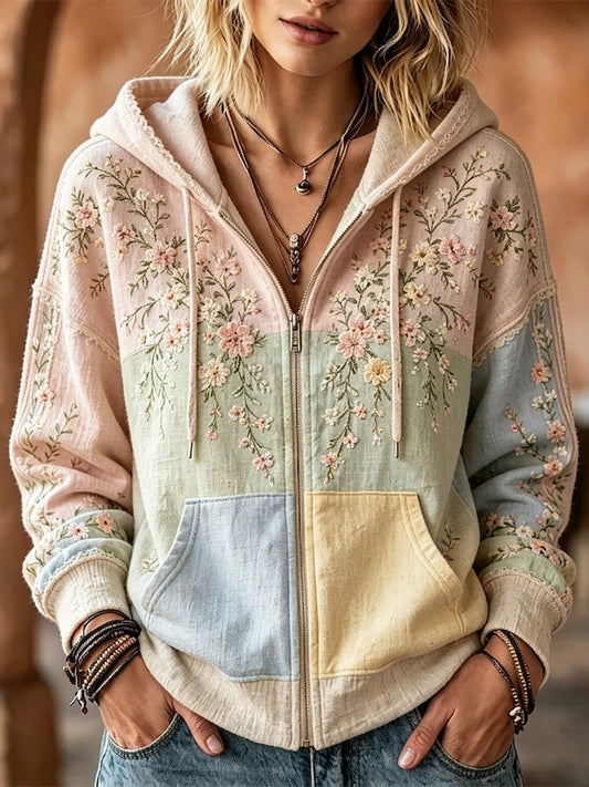 Women's Classy Floral & Lace Patchwork Print Zip-Up Cozy Hoodie