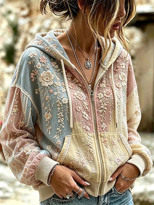 Women's Classy Floral And Lace Patchwork Print Zip-Up Cozy Hoodie