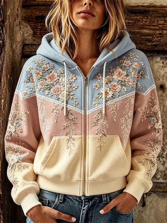 Women's Boho Floral And Lace Patchwork Print Zip-Up Cozy Hoodie