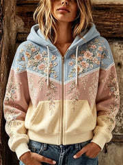 Women's Boho Floral And Lace Patchwork Print Zip-Up Cozy Hoodie