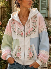 Women's Pink Rose And Lace Color-block Patchwork Print Zip-Up Cozy Hoodie