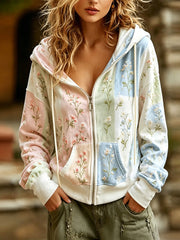 Women's Vintage Floral And Lace Patchwork Print Zip-Up Comfy Hoodie