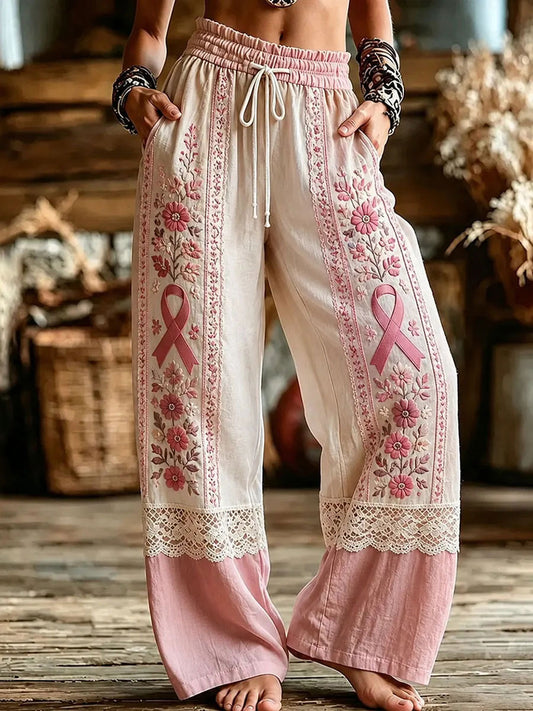Women's Breast Cancer Awareness Cotton Linen Nine-minute Trousers