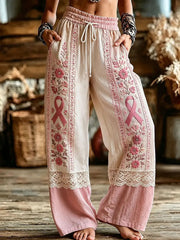 Women's Breast Cancer Awareness Cotton Linen Nine-minute Trousers