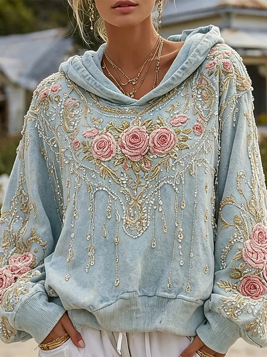 Women's Classy Boho Pink Roses Print Cozy Sweatshirt