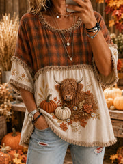 Women's Vintage Autumn-Harvest Plaid & Botanical Art Casual Top