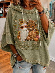 Women's Halloween Fall Highland Cow Printed Short-Sleeve Hoodie