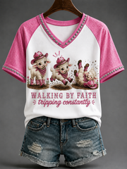 Women's Walking By Faith V-neck Off-shoulder Short-sleeved T-shirt