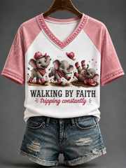 Women's Walking By Faith V-neck Off-shoulder Short-sleeved T-shirt