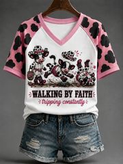 Women's Walking By Faith V-neck Off-shoulder Short-sleeved T-shirt