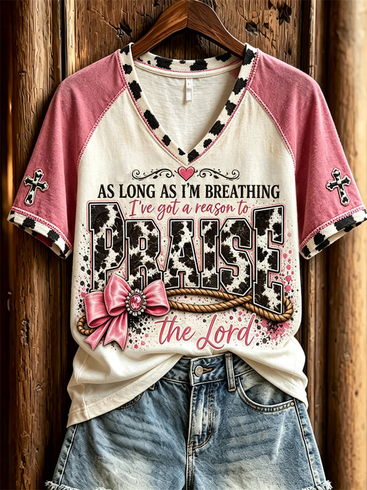Women's As Long As I'm Breathing I've Got A Reason To Praise the Lord Western Print short-sleeved T-shirt
