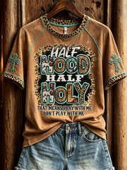 Women's Half Hood Half Holy Western Leopard Print short sleeve T-shirt