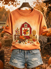 Women's Pumpkin Harvest Farm Fall Print Cozy Short-sleeved T-shirt