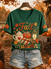 Women's Pumpkin Coffee Lantern Fall Print Cozy Short-sleeved T-shirt