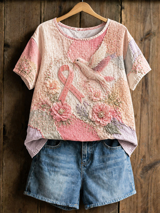 Women's Breast Cancer Prevention and Awareness Floral Print Casual T-shirt
