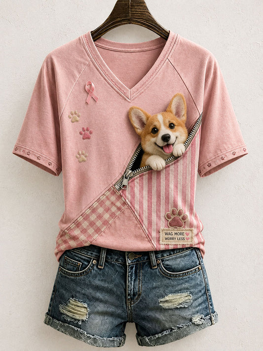 Women's Cute Corgi Pattern Patchwork Art T-Shirt
