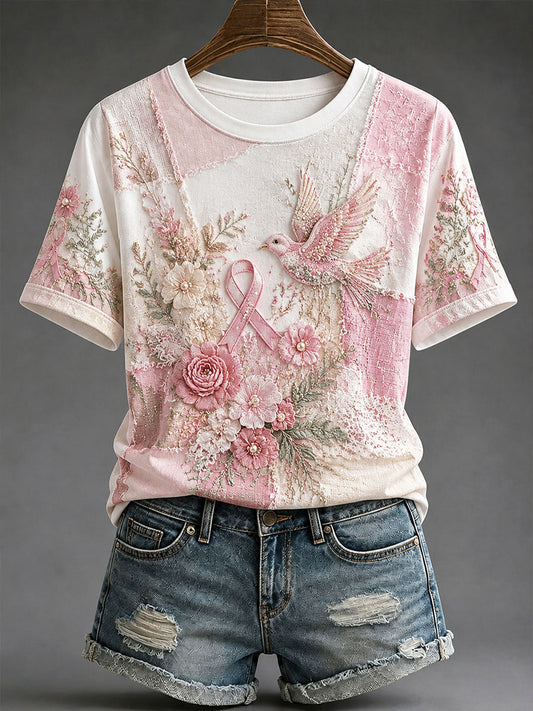Women's Breast Cancer Prevention and Awareness Floral Print Casual T-shirt