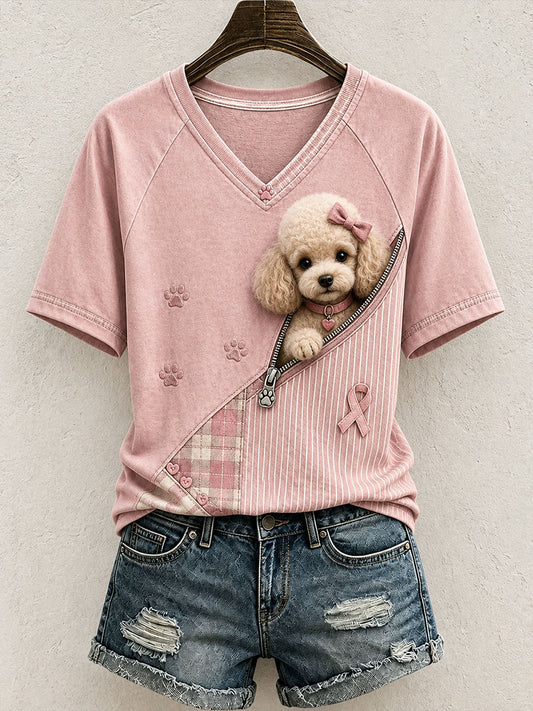 Women's Cute Poodle Pattern Patchwork Art T-Shirt