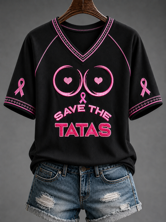 Women's Save The Tatas V-neck off-shoulder short-sleeved T-shirt