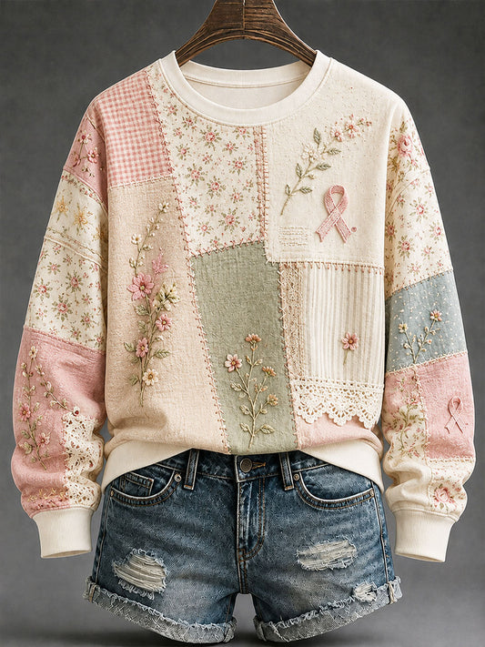 Women's Breast Cancer Prevention and Awareness Floral Print Casual Regular Sweatshirt