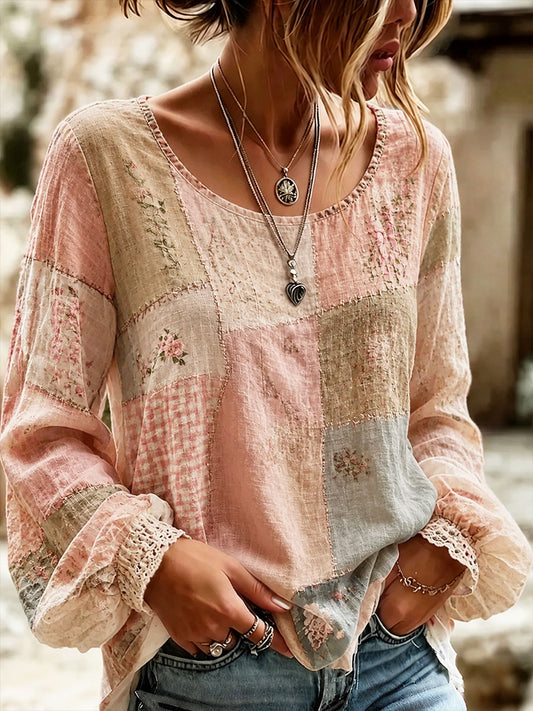Women's Breast Cancer Prevention and Awareness Floral Print Casual Cotton-Linen Shirt