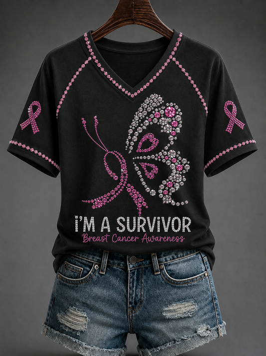 Women's Breast Cancer V-neck Off-shoulder Short-sleeved T-shirt
