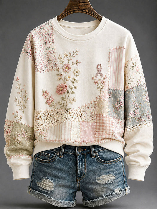Women's Breast Cancer Prevention and Awareness Floral Print Casual Regular Sweatshirt