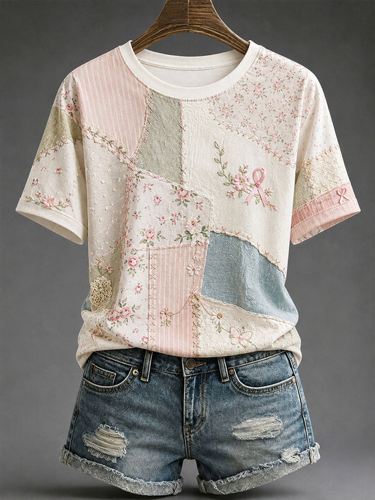 Women's Breast Cancer Prevention and Awareness Floral Print Casual T-shirt