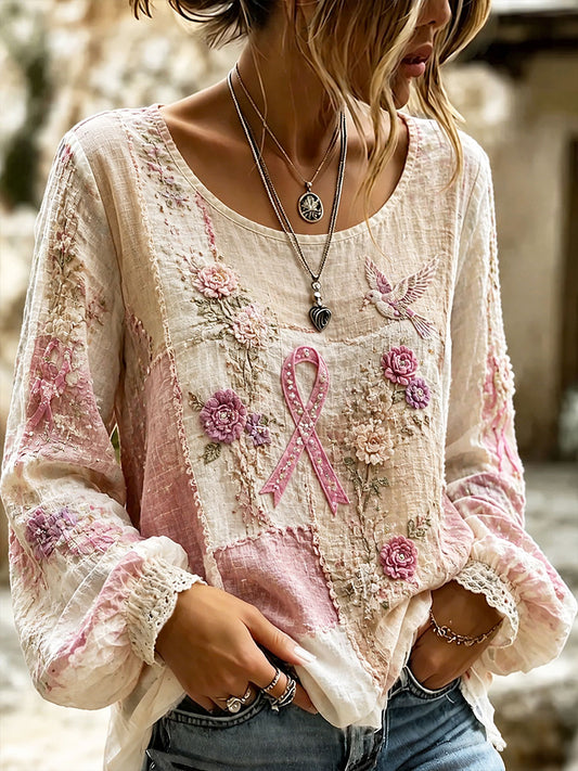 Women's Breast Cancer Prevention and Awareness Floral Print Casual Cotton-Linen Shirt