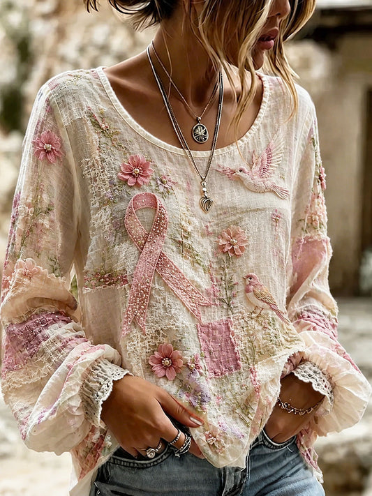 Women's Breast Cancer Prevention and Awareness Floral Print Casual Cotton-Linen Shirt