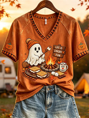 Women's Life Is S'more Fun Halloween Ghost Fall Camping Print short sleeve T-shirt