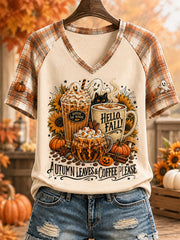 Women's Autumn Leaves & Coffee Please Print Casual V-Neck Tee