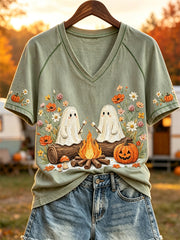 Women's Halloween Ghosts Fall Camping Floral Print short sleeve T-shirt