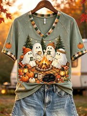 Women's Halloween Ghosts Cozy Fall Camping Print short sleeve T-shirt