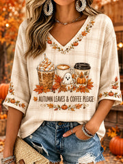 Women's Autumn Leaves & Coffee Please Print Casual V-Neck Tee
