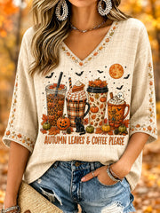 Women's Autumn Leaves & Coffee Please Print Casual V-Neck Tee