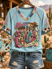 Women's She's From Texas I Can Tell Print Casual V-Neck Tee