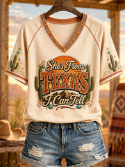 Women's She's From Texas I Can Tell Print Casual V-Neck Tee