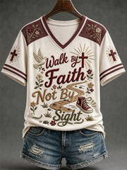 Women's Walk by Faith Not by Sight Print Casual V-Neck Tee