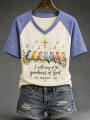 Women's I Will Sing Of The Goodness Of God Birds Print Casual V-Neck Tee