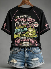 Women's Funny Middle Aged Christian Print Round Neck Short Sleeve T-shirt