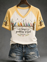 Women's I Will Sing Of The Goodness Of God Birds Print Casual V-Neck Tee