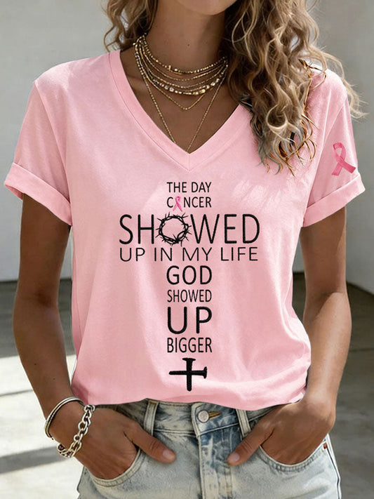 Women's The Day Cancer Showed Up In My Life God Showed Up Bigger Short-sleeved T-shirt