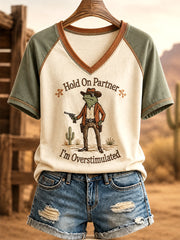 Women's Hold On Partner I’m Overstimulated Print Casual V-Neck Tee